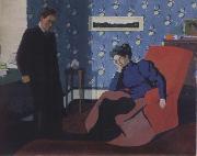 Interior with red armchair and figure
